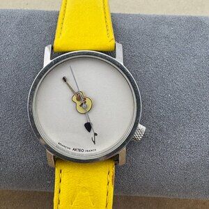 Vintage Akteo designed Animated Guitar Player Watch Yellow Leather Strap